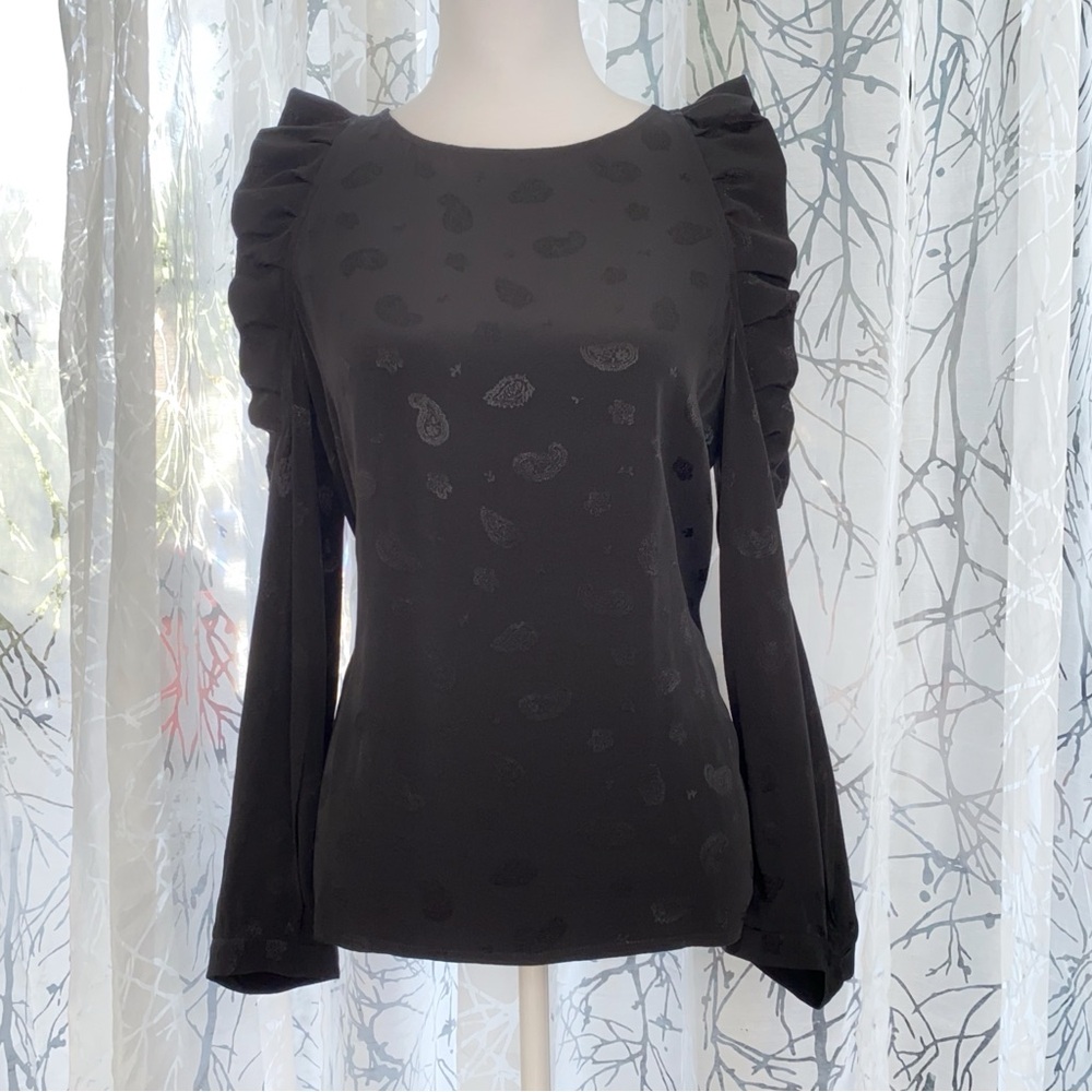 MAJE LOYD BLACK PAISLEY PRINT RUFFLE COLD SHOULDER LONG SLEEVE BLOUSE top - Picture 2 of 11